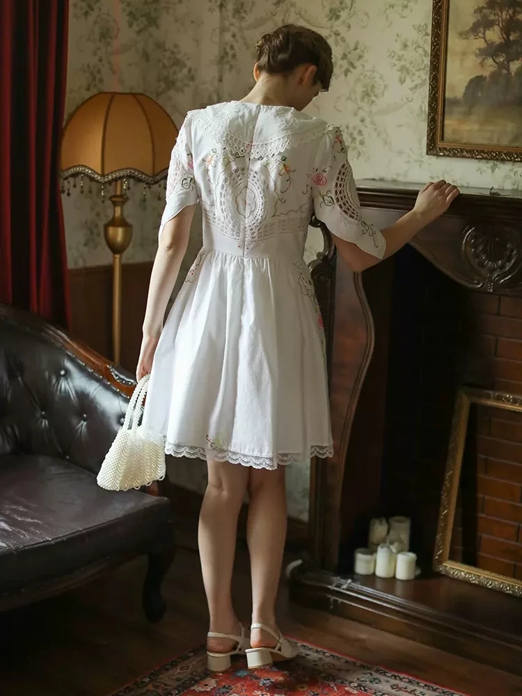 86-96cm Bust Spring Summer Women French Style Vintage Handmade Exquisite Full Embroidered White Cotton Dresses