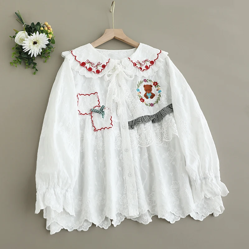 Spring Japanese Sweet Mori Girl Cartoon Bear Cherry Patchwork Cotton Shirts Women Cute Peter Pan Collar Long Sleeve Blouse Tops