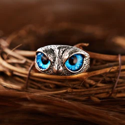 Charm Vintage Blue Demon Eye Owl Ring For Women Lovers Punk Retro Animal Open Adjustable Ring Statement Creative Jewelry Gift