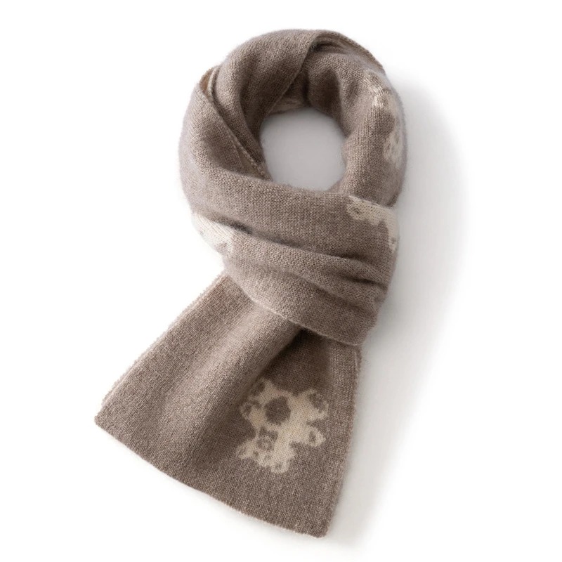 秋冬子供用ジャカード100％カシミヤスカーフ、クマ柄両面カラーブロック、暖かいニットネックウォーマー、ヤーンショール