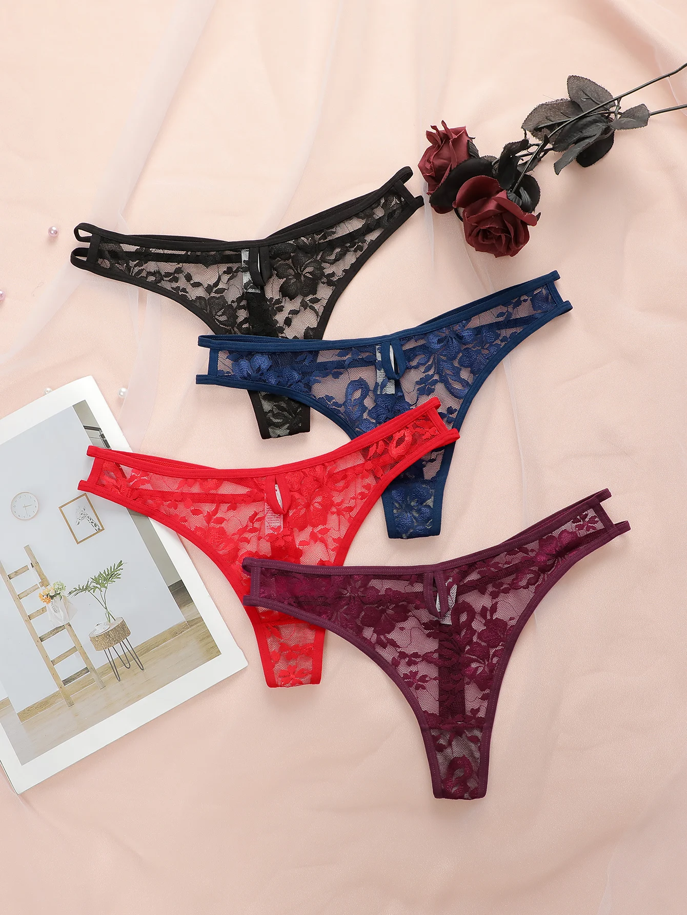 Hot Selling New Transparent Multi-color Lace Sexy Underwear For Women\'s Trackless 4-piece Invisible Thong Underwear C864