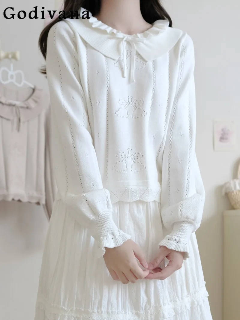 

Оригинальный свитер Лолиты в японском стиле, ажурный внутренний слой, вязаный свитер с рюшами по краям, универсальный мягкий осенний базовый топ для девочек