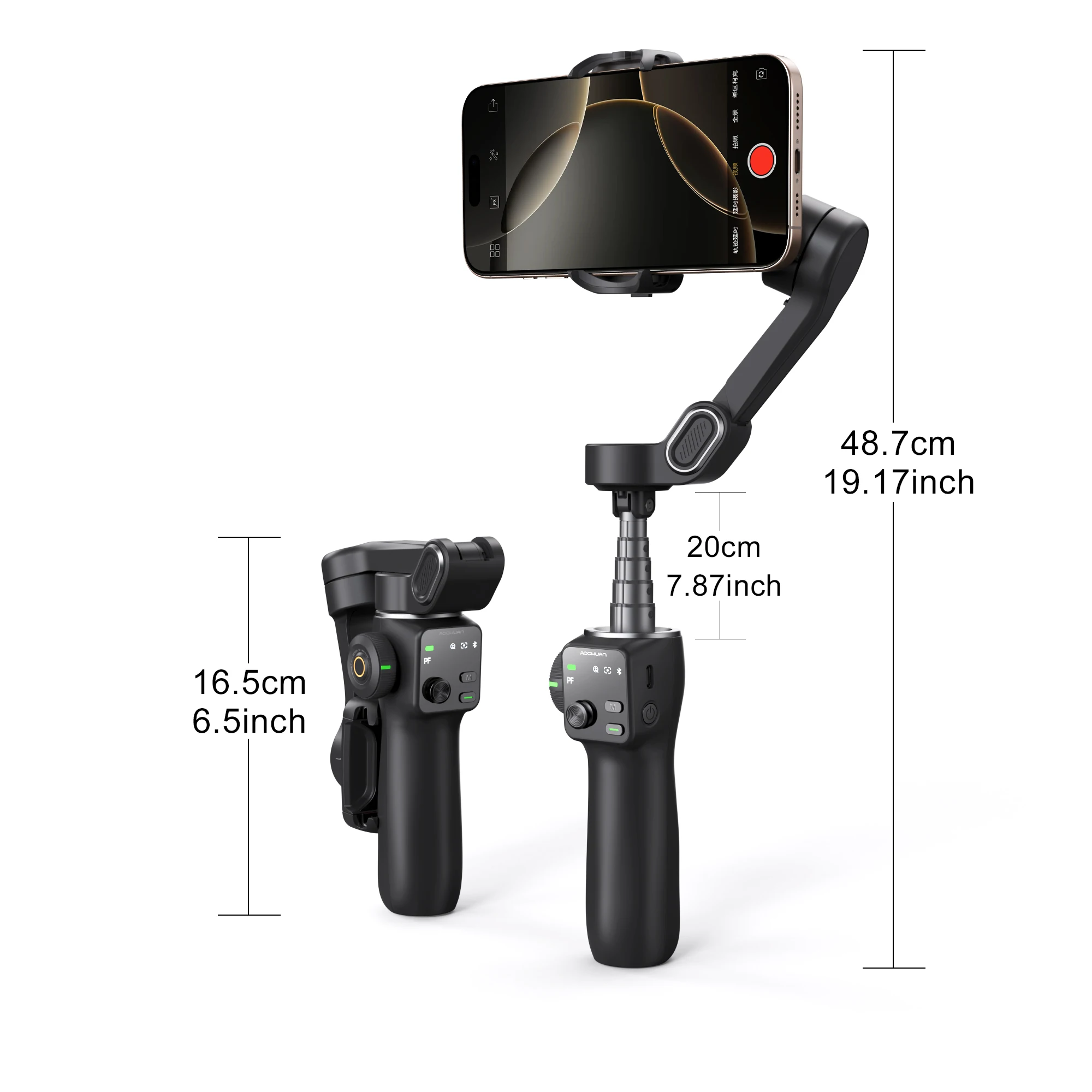 AOCHUAN Smart V8 3-Axis Handheld Gimbal Phone Stabilizer with Extension Rod Tripod Face Tracking for iPhone Android Tiktok Vlog