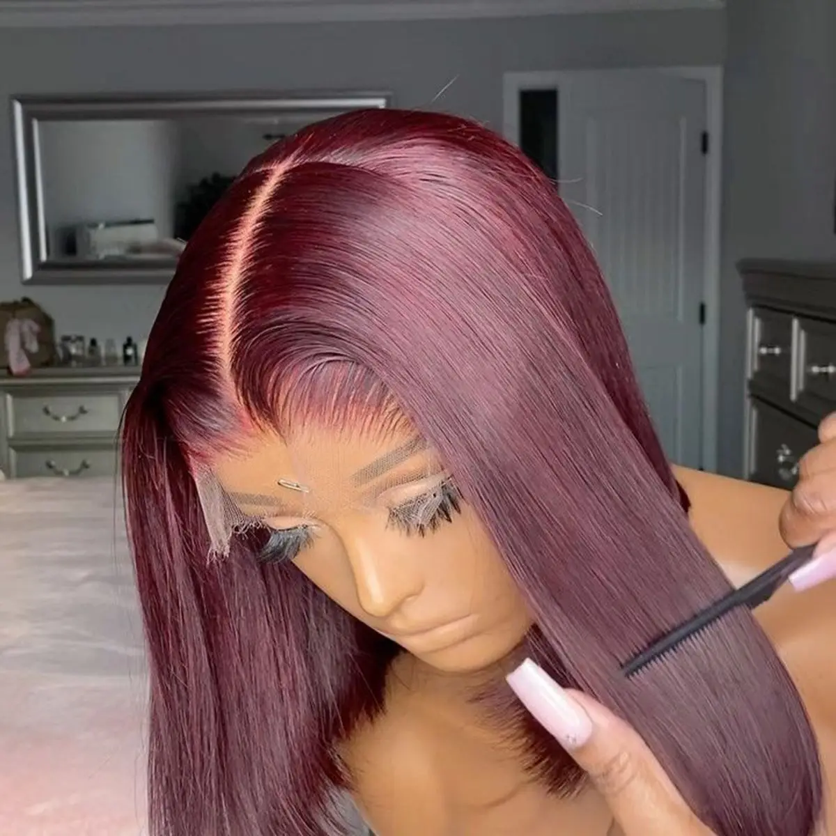 

Short Bob Straight 99J Red Burgundy Color Synthetic 13X4 HD Lace Front Wig For Black Women Prepucked With Baby Hair Glueless Wig