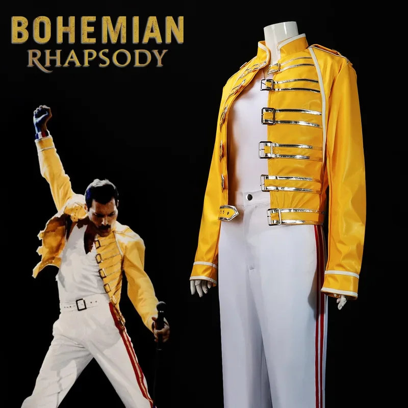 

Queen Lead Vocals Freddie Mercury Cosplay Costume Yellow Leather Jacket Coat Unisex Halloween Carnival Outfit