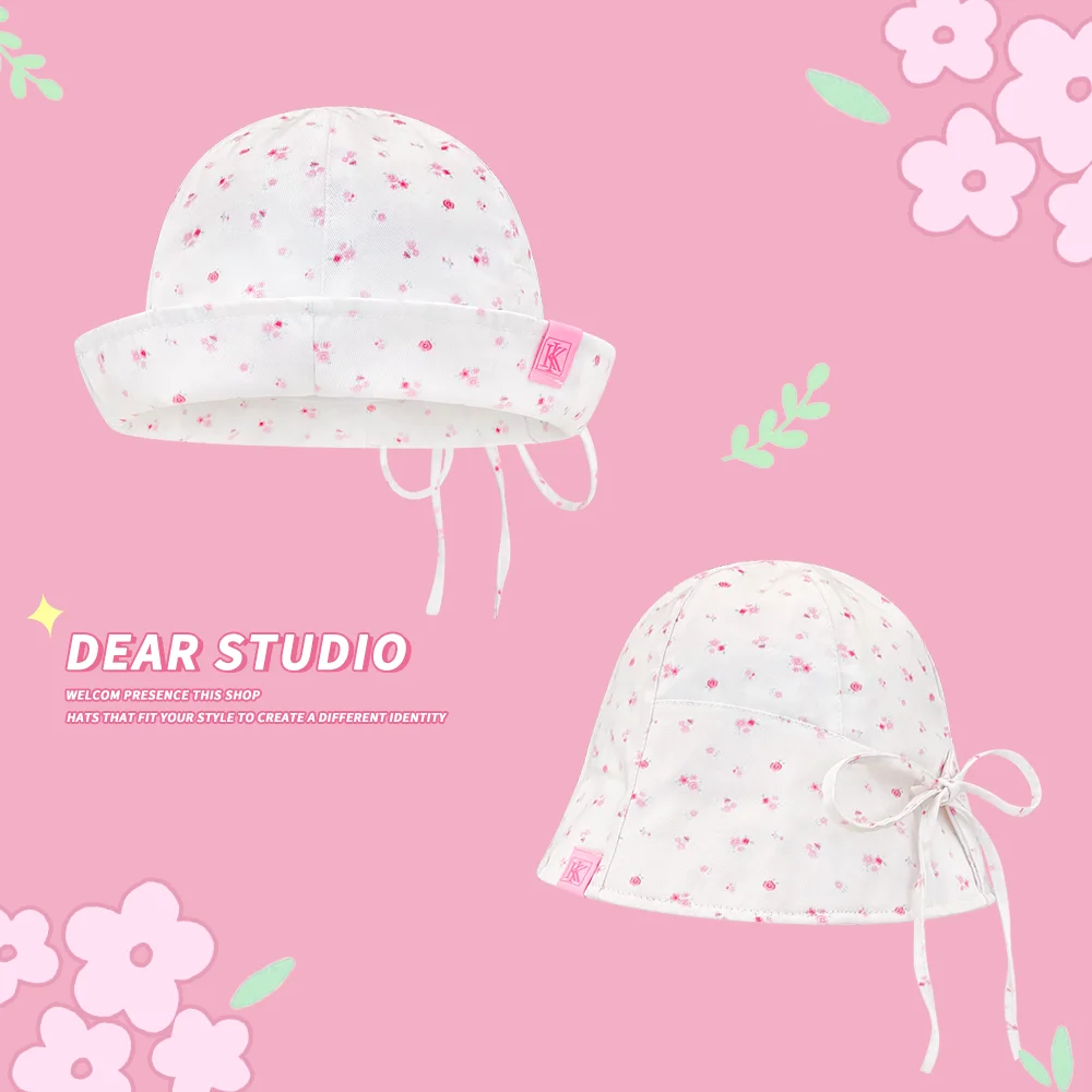 

New Pink Sweet Floral Bucket's Hat Women's Spring and Summer Shading Versatile Dome Turned Brim Thin Temperament Sun Cap