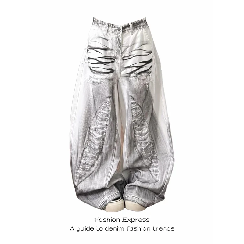 YIBASHU Women White Ripped Denim Pants Cargo Jean Pants Baggy Y2K American Streetwear 2000s Retro Wide Leg Denim Clothing Autumn