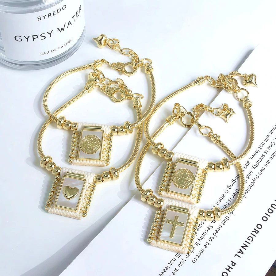 5 قطعة 18K مطلية بالذهب خمر ممسحة قذيفة الدينية سان بينيتو الصليب القلب مريم العذراء النحاس أساور الاكسسوارات اليدوية النساء