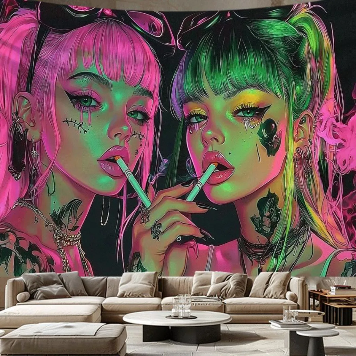 VIKAMA Cyberpunk Neon Dual Female Protagonists Wandteppich Wohnzimmer Sofa Hintergrund Wandkunst Raumdekoration