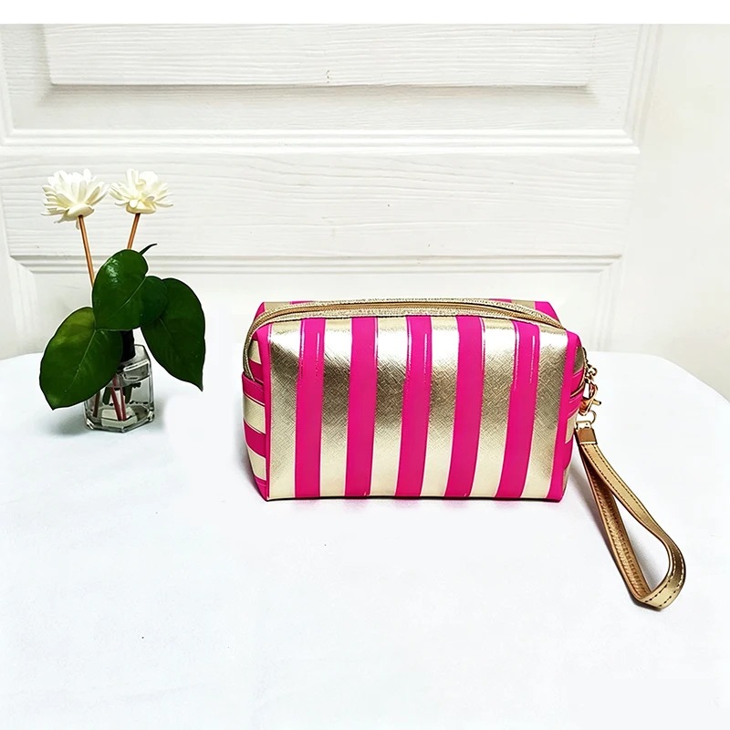 Wasserdichte gestreifte Kosmetiktasche für Damen, Reise-Kosmetiktasche mit transparenter Beschichtung, Toilettenartikel-Organizer, Strand-Reißverschlusstasche für P – Detail 6