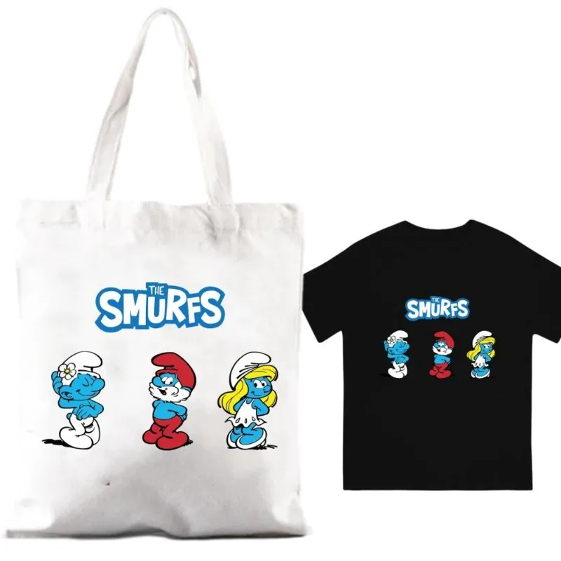 Cartoon The S-Smurfs Blue Cute Women borse a tracolla coppia combinazione vestiti manica corta colletto moda T shirt uomo cotone