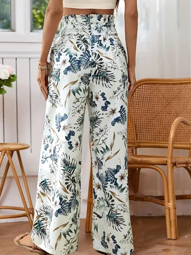 Imagen 2 del producto Pantalones anchos con estampado floral de cintura alta para mujer, pantalones casuales sueltos para verano