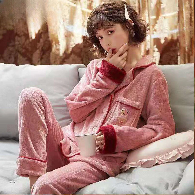 Pyjama Herbst Winter Frauen Flanell verdickt Revers koreanische Version Korallen Fleece Strickjacke Versicherung sset Lounge wear groß