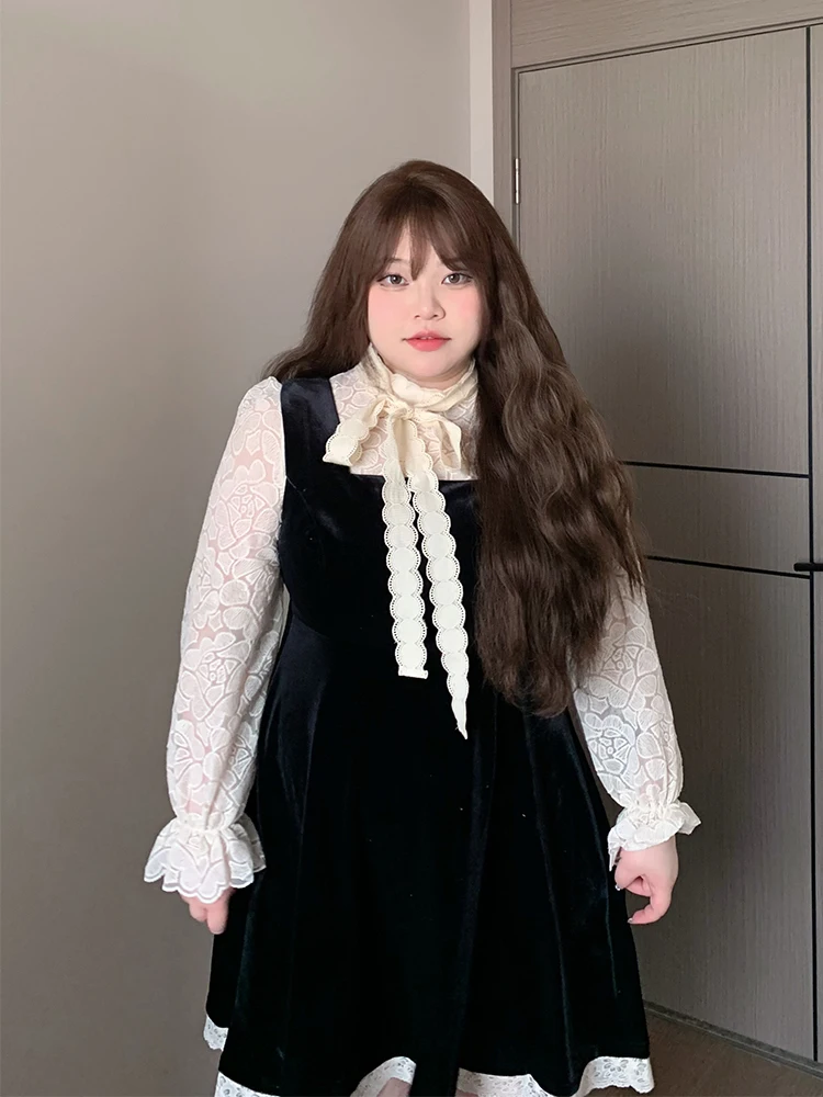 

Комплект из бархатного топа и юбки в стиле Лолита, большие размеры, женский, мягкий, конфетных цветов, длинный рукав, круглый вырез, А-силуэт, осенне-зимняя мода