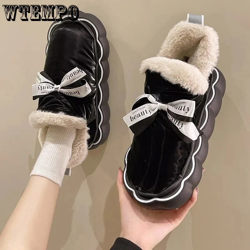 Black PU Leather Snow Boots Cute Lace Up Bow Plush Warm Women Cotton Shoes Thick Flat Sole Waterproof Winter Casual PreppyStyle