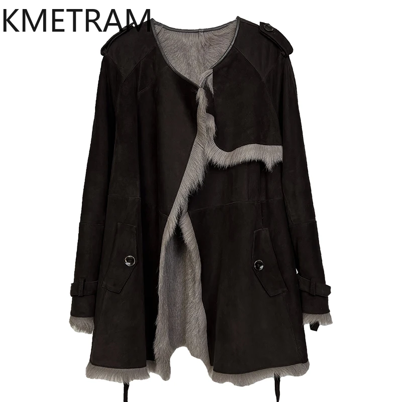 Natural Goatskin Wool Double Faced Fur Jacket Woman Dark Coffee Colored Real Fur Coat Winter Leather Jackets Women Clothing 2025