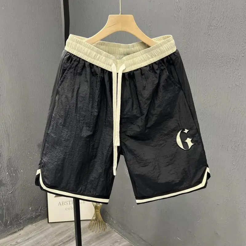 2024 Summer Men Trendy Contrast Color Quick Drying Sports Short Pants Male Casual Loose Letter Embroidery Straight Beach Shorts