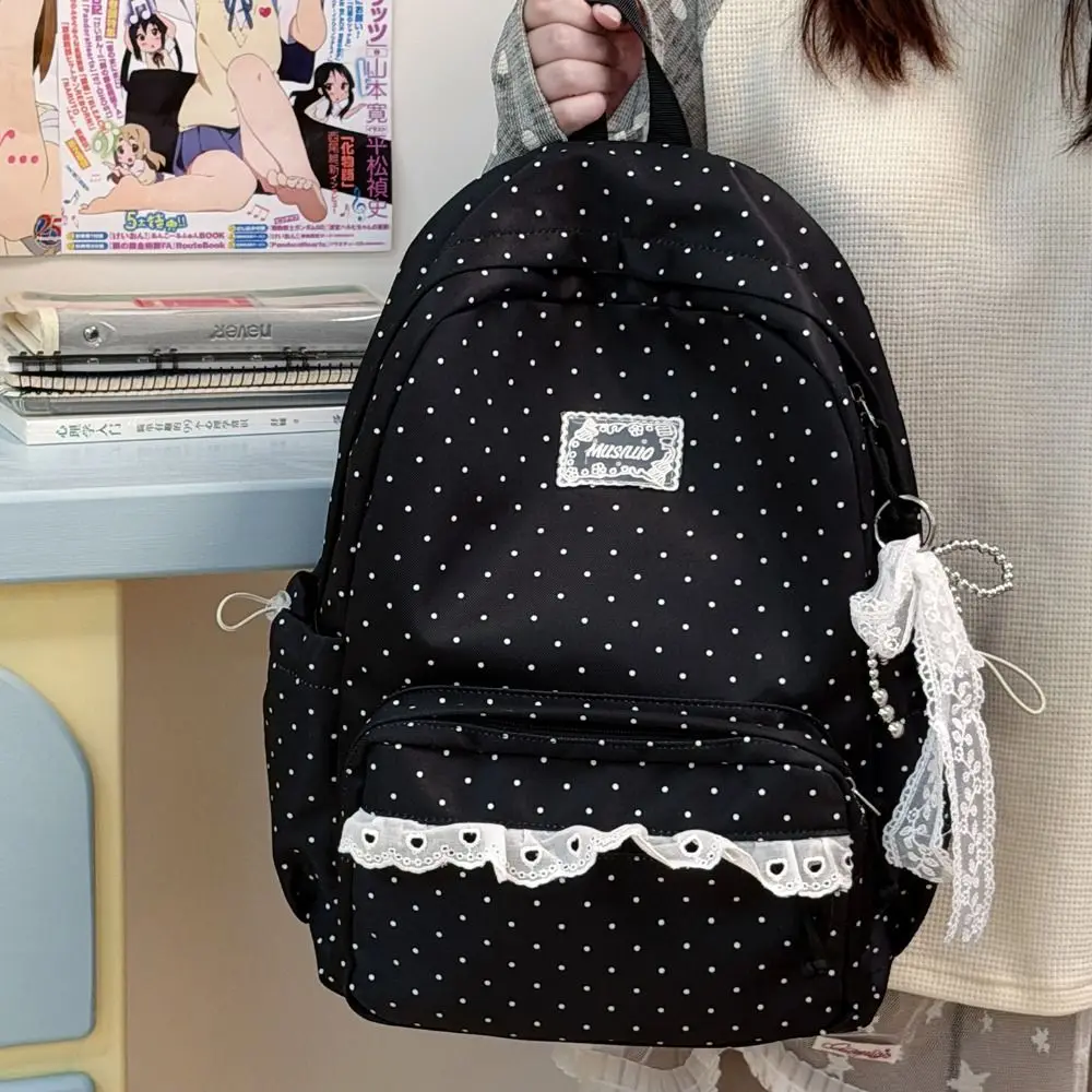 Modischer Süßer Polka-Dot-Rucksack mit Minimalistischem Schleifendesign und Spitzenbesatz, Leichter, Strapazierfähiger Schulrucksack für Schüler und Pendler – Detail 11