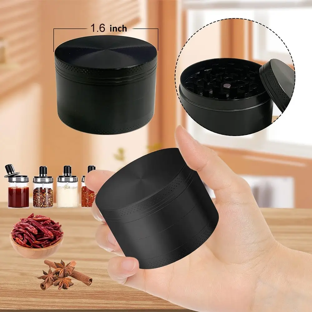 Black 4 Layers Aluminium Herb and Spice Grinder 40mm Grinder Metal with Scraper Portable Food Mill Zinc Alloy Smooth Grinding