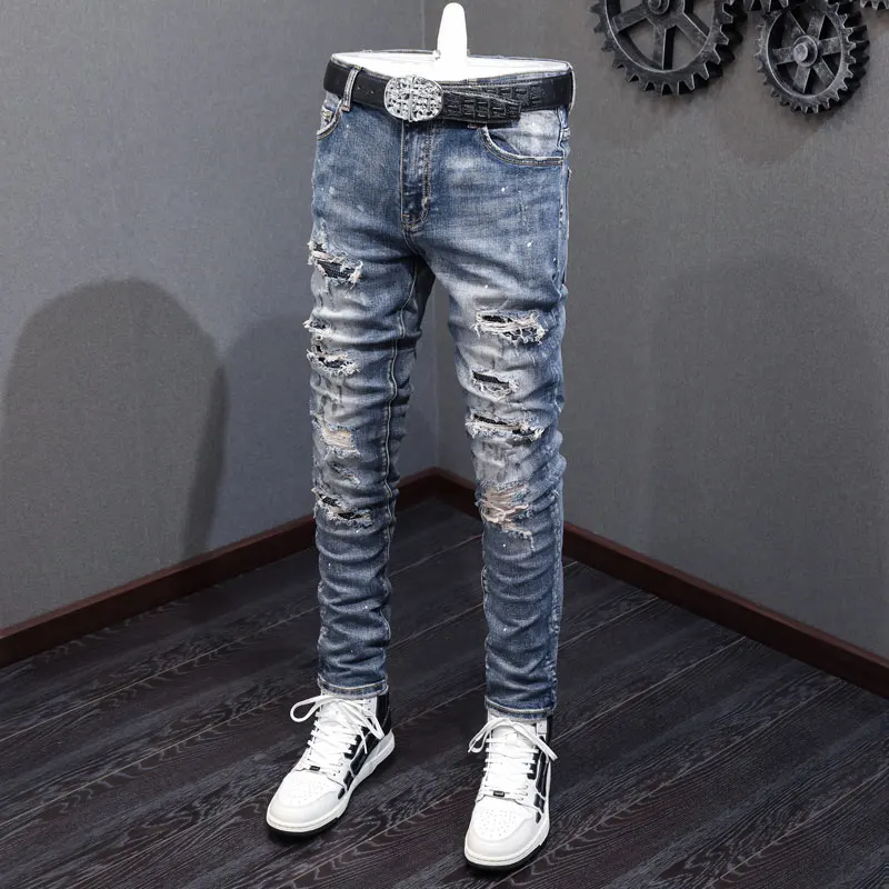 

Street Fashion Men Jeans High Quality Retro Blue Painted Skinny Ripped Jeans Men Beading Patched Designer Hip Hop Brand Pants