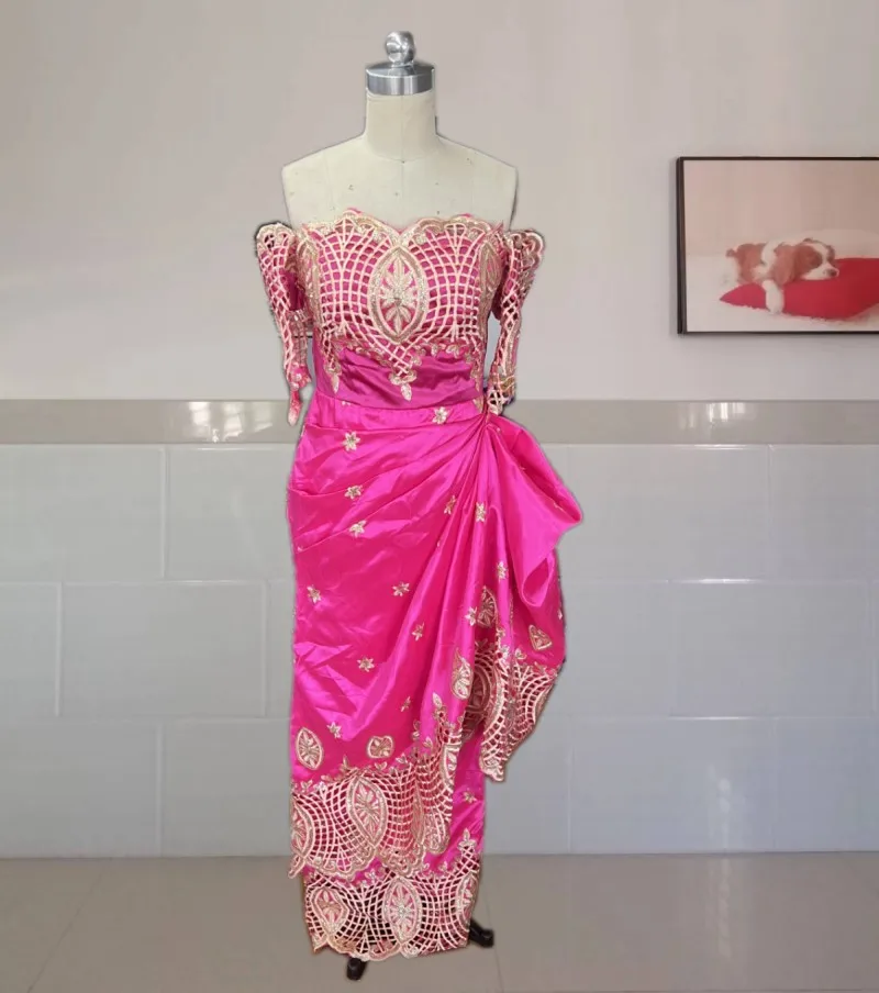 Nigerian Hot Pink Prom Dresses Off The Shoulder African Wedding Party Gowns Aso Ebi Women Dinner Wear robes de soirée