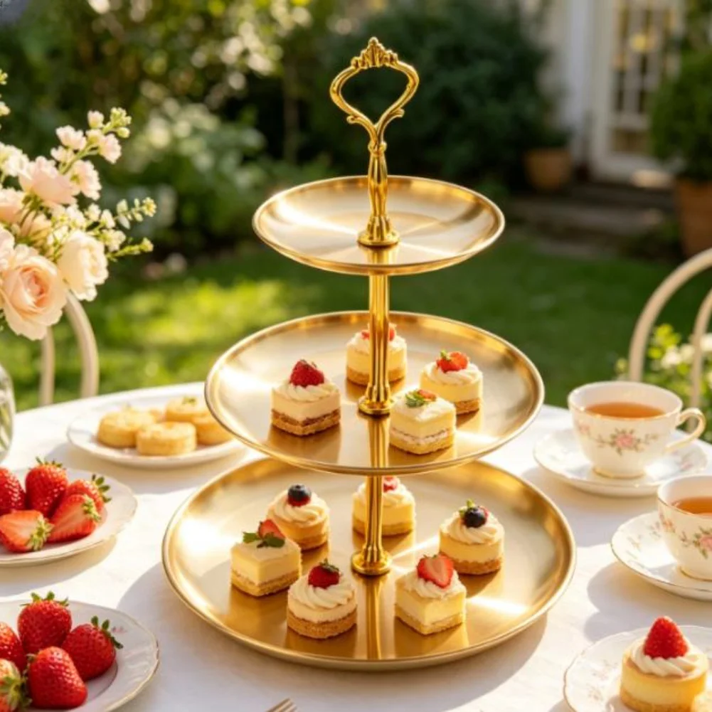 Stainless Steel Dessert Cupcake Stand 3-Tier Cupcake Tower Holder Gold Serving Tray For Tea Party Birthday Wedding Baby Shower