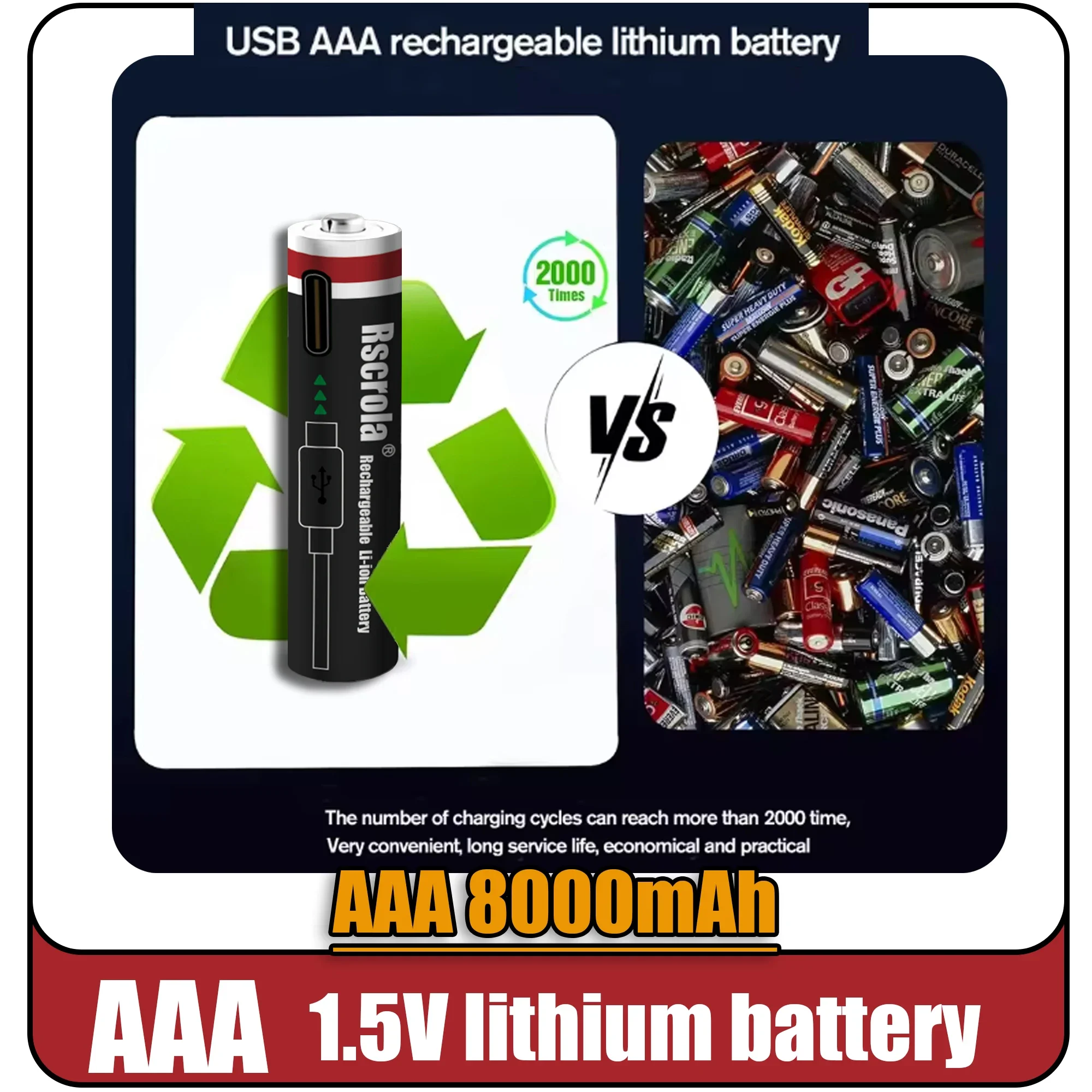 قدرة عالية AA12000mAh AAA 8000mAh بطاريات قابلة للشحن ليثيوم أيون AA بطاريات قابلة للشحن بطارية AAA مع كابل USB-C