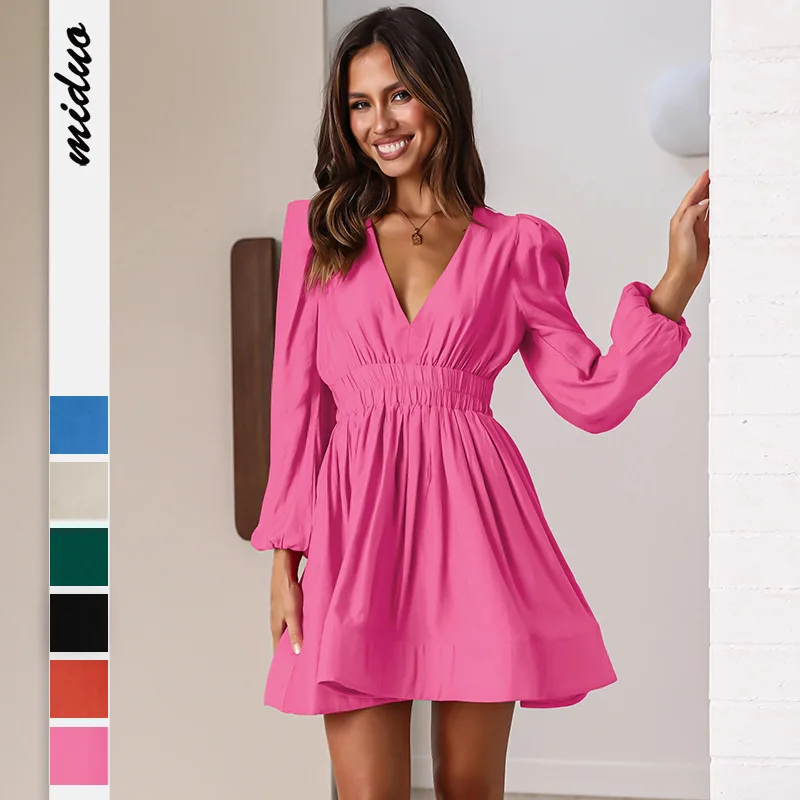 

2025 Trendy French Women's Dress V-neck Long-sleeved V-neck High-waist Slim Fashion Party Simple Solid Color Mini Skirt