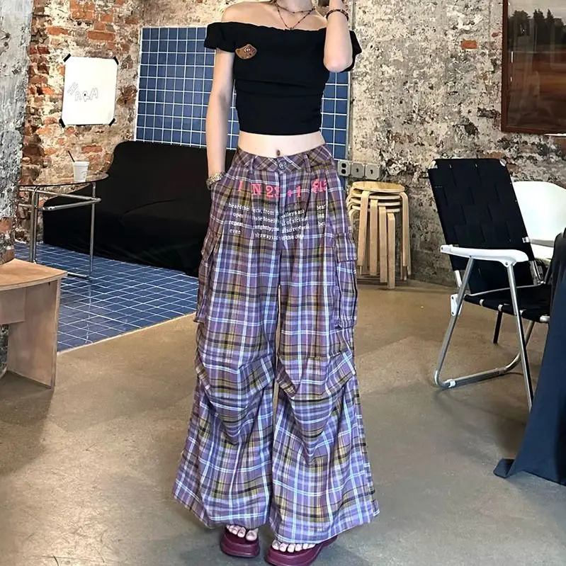 Purple Plaid Overalls Women Korean Version Y2K Fashion Winter Plaid Trousers Oversized Harajuku Retro 90s Wide Leg Pants