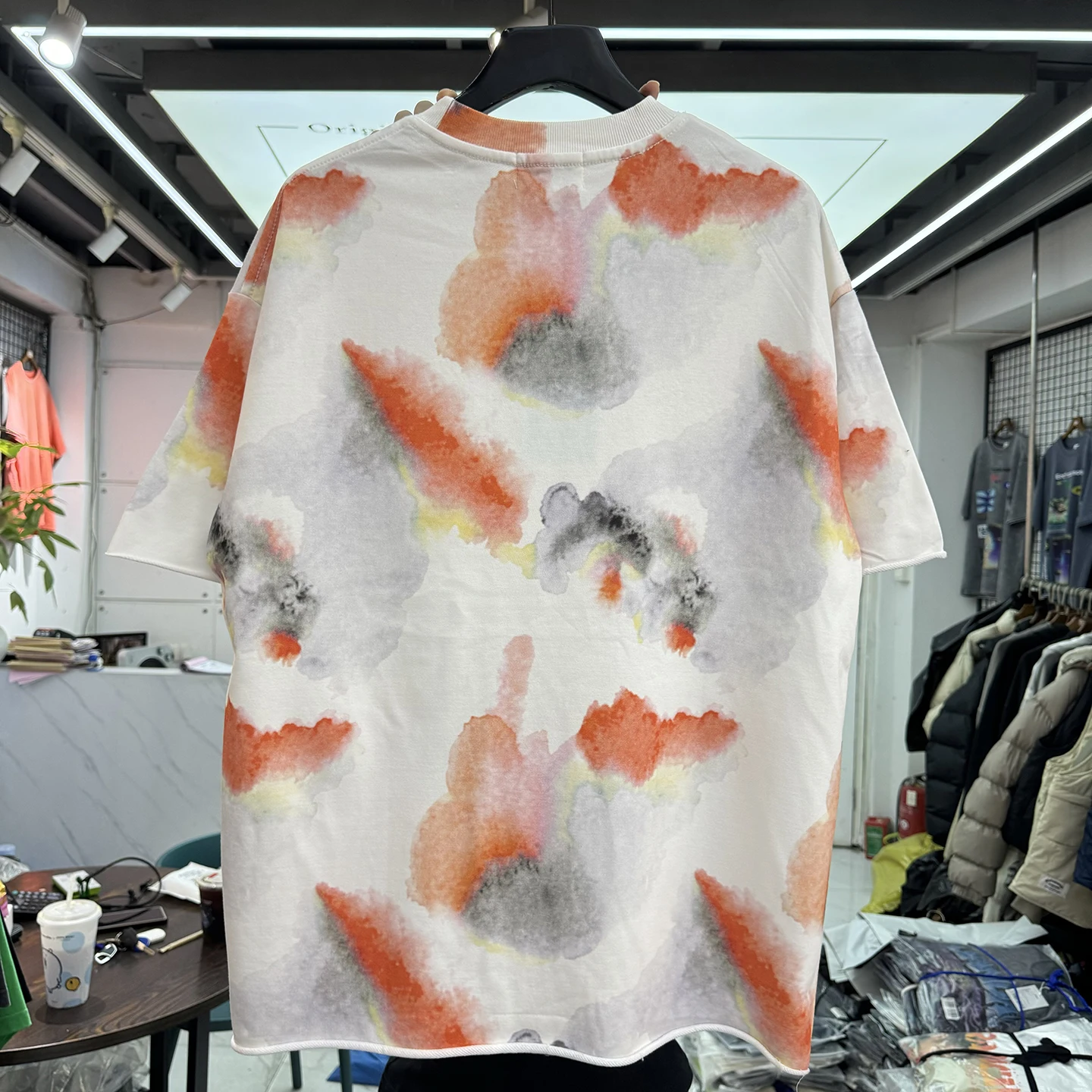 American Style Mechanical Skateboard Straight Spray Pattern Vintage Street Loose round Neck Frayed Short Sleeve T-Shirt
