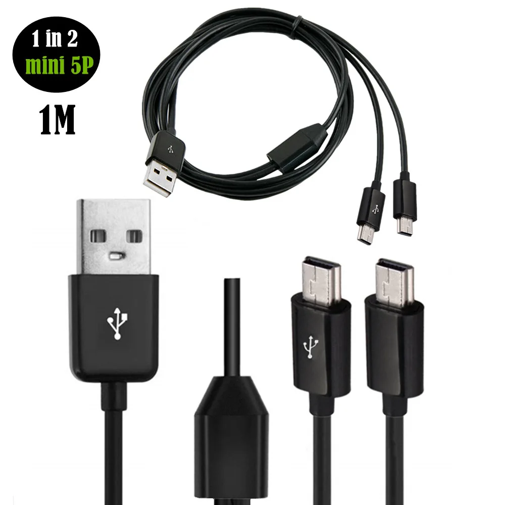 USB-папа, разделенная на две USB-кабели для зарядки Minni, мини-USB с одним разделением на две линии, кабель для зарядки данных с портом T, 1 м