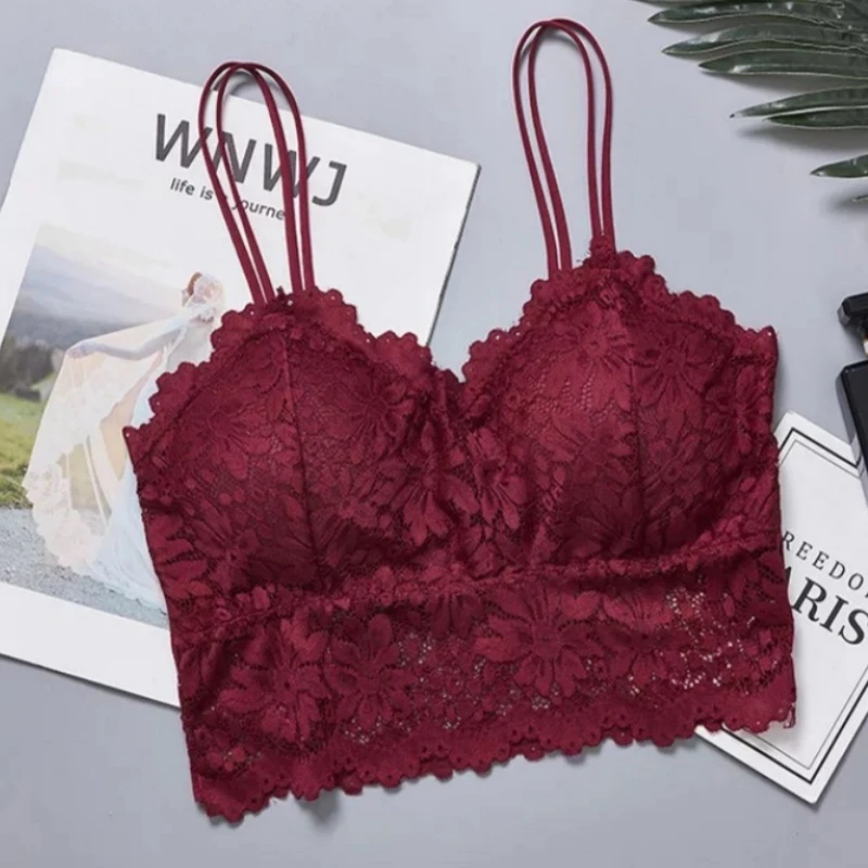 2Pcs/Set Bra Lace Bralette Women Sexy Lingerie Double Shoulder Straps Bras Crop Top Female Nonwire Underwear Removable Pads