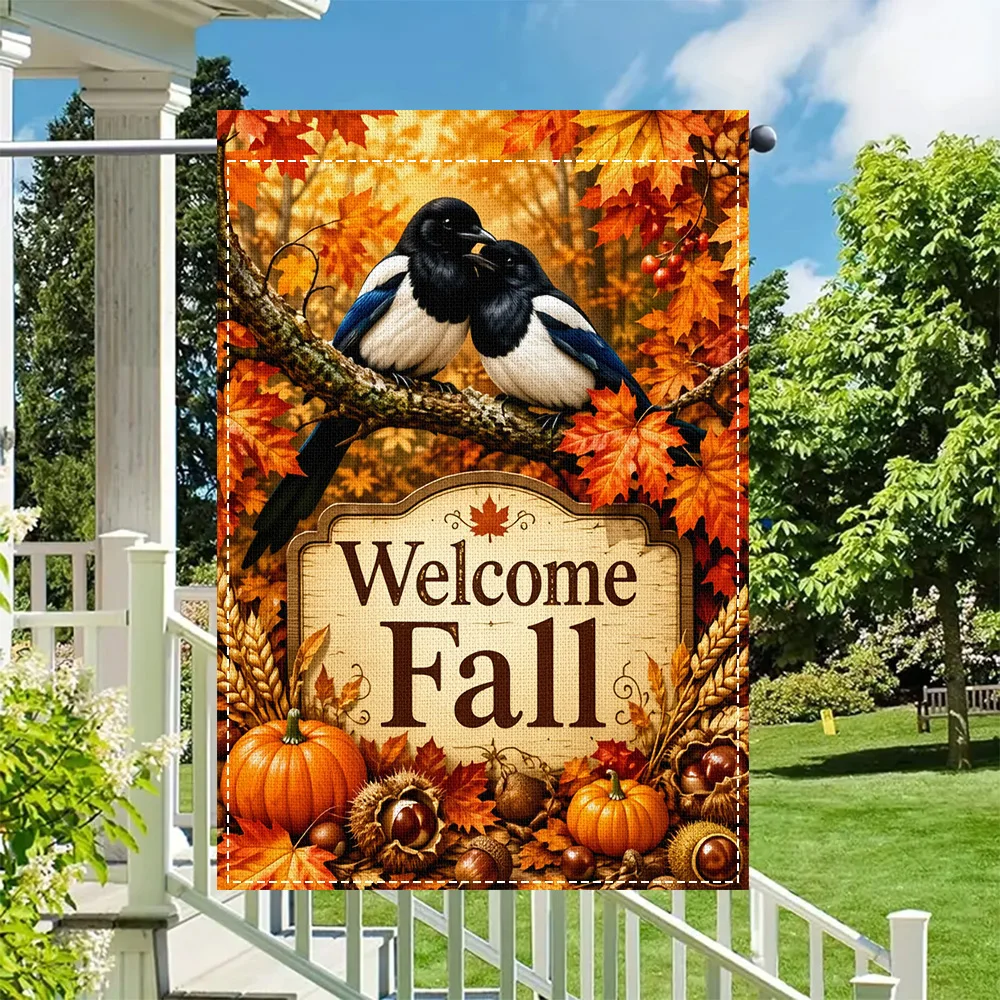 1pc Autumn Bird Welcome Fall Garden Flag, double sided print, suitable for patio and outdoor seasonal decor (pole not included)