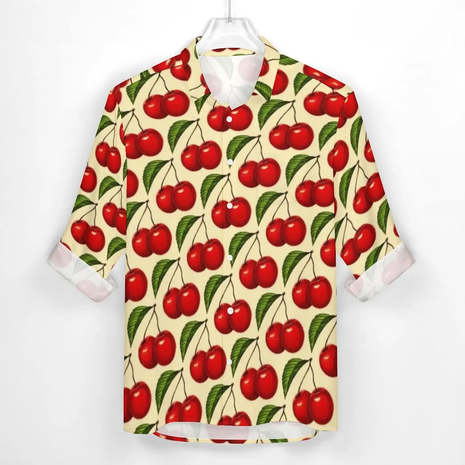 Red Fruit Print Shirt Cherry Pattern Casual Shirts Long Sleeve Graphic Stylish Blouses Spring Cool Oversized Clothing