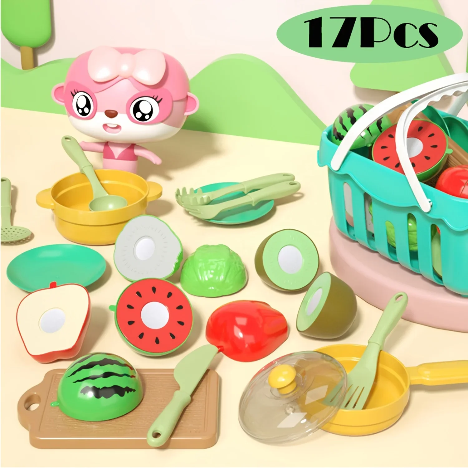 Kids Pretend Play Kitchen Toys Cutting Play Fruit Vegetables Educational Food Kit for Toddler Children Gift Assembly Game
