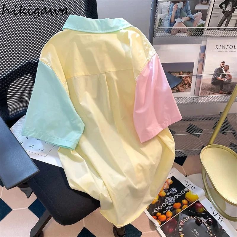 2024 Blusas Mujer De Moda Summer Blouse Women Contrast Color Short Sleeve Korean Shirts Fashion Casual Blouses Oversized Tops