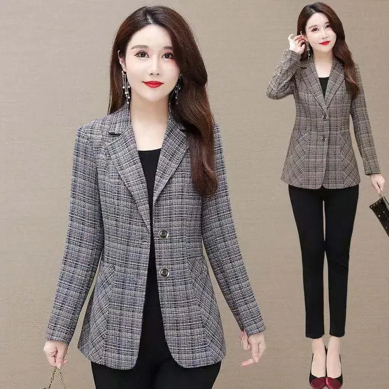 

Spring Women's Jacket New Fashion Plaid Long Sleeve Blazer Women Clothes Elegant Ladies Business Office Suit Outerwear