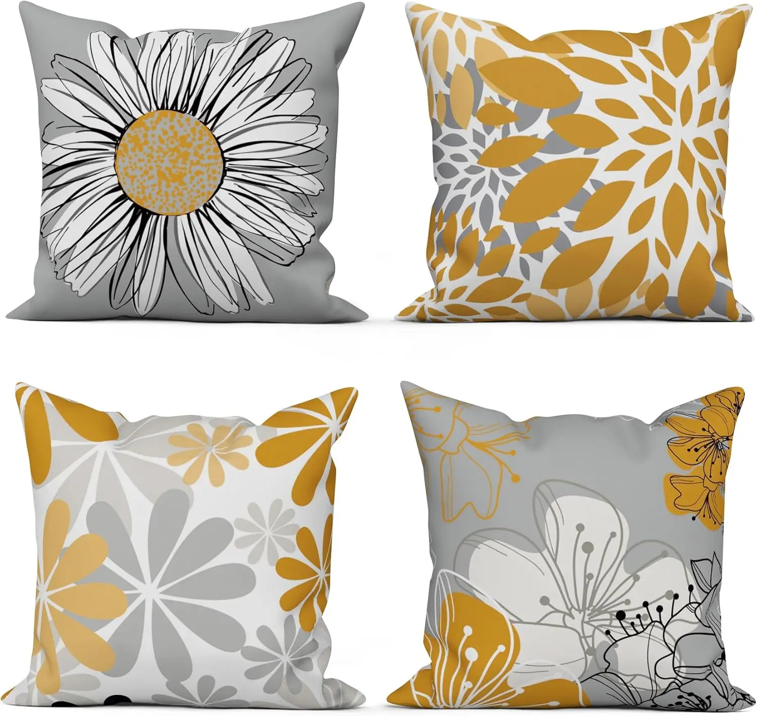 4 Stück blaugraue Blumen-Kissenbezüge, moderne Kissenbezüge mit Gänseblümchen- und Blattmuster für Sofa, Schlafzimmer, Wohnzimmer, Dekoration, 45 x 45 cm