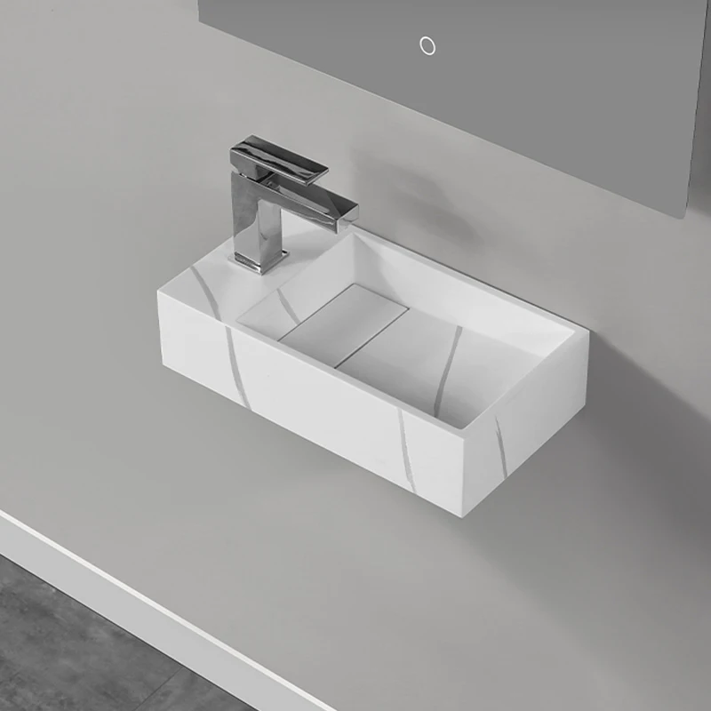 Lavabo colgante de pared de piedra de resina de mármol de superficie sólida, fregadero hecho a mano