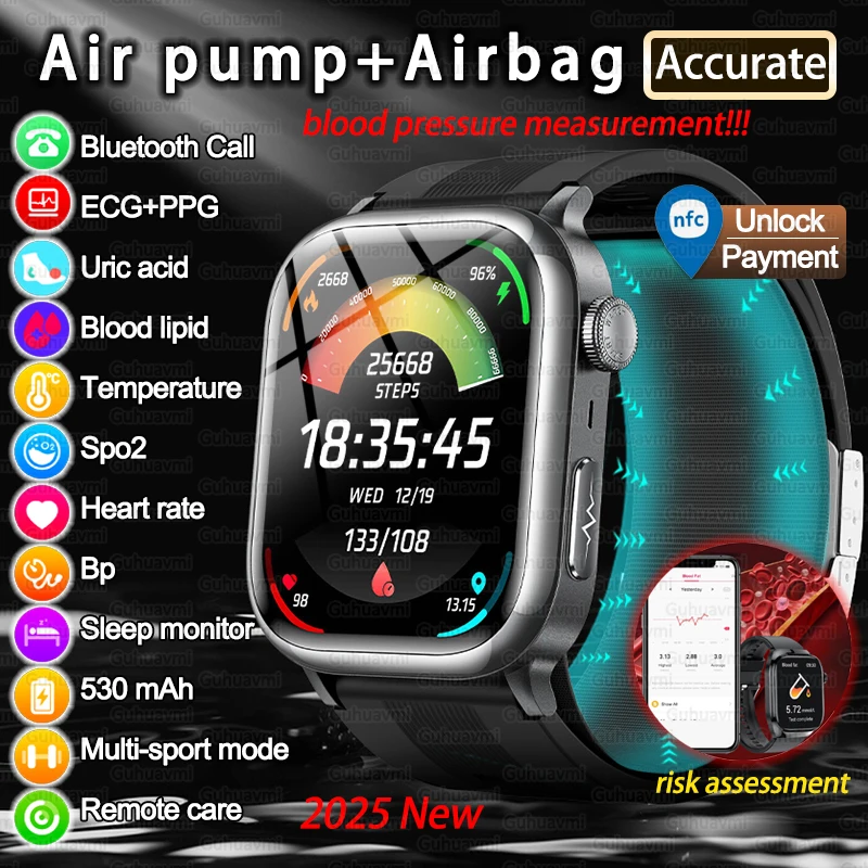 

2025 New NFC Precision Blood Pressure Measurement Health Smart Watch Air Pump Airbag Men Women Blood Fat Uric Acid Smartwatches