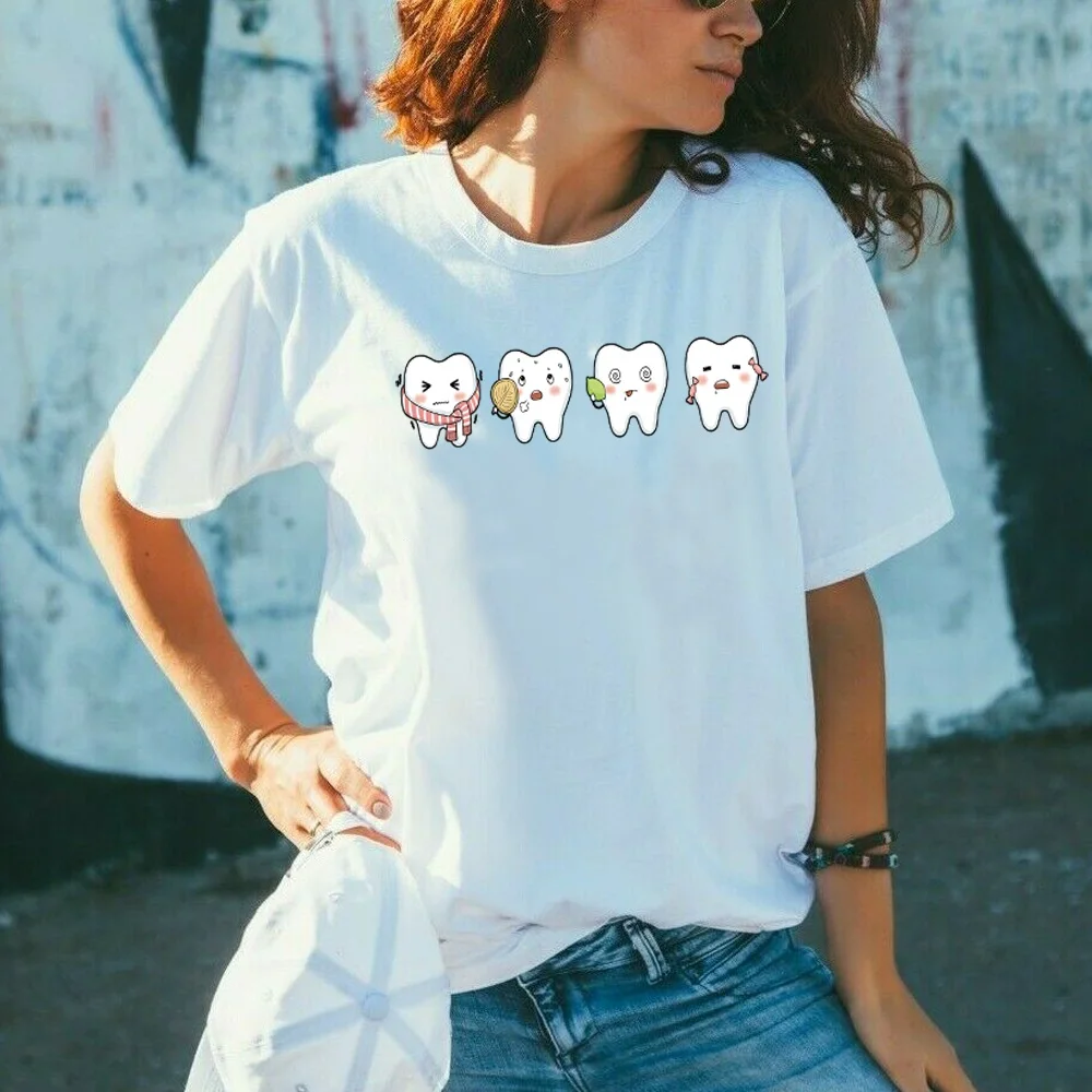 TShirt Women 2022 Fashion Harajuku Summer Top Tee Couple Casual Cartoon Teeth  Print Short Sleeve T Shirt