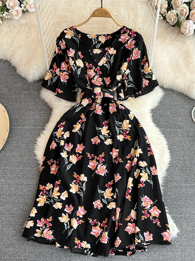 INS mujeres verano cuello pico estampado floral vendaje plisado vestido largo casual fiesta cintura alta vestido de fiesta elegante Vestido de playa