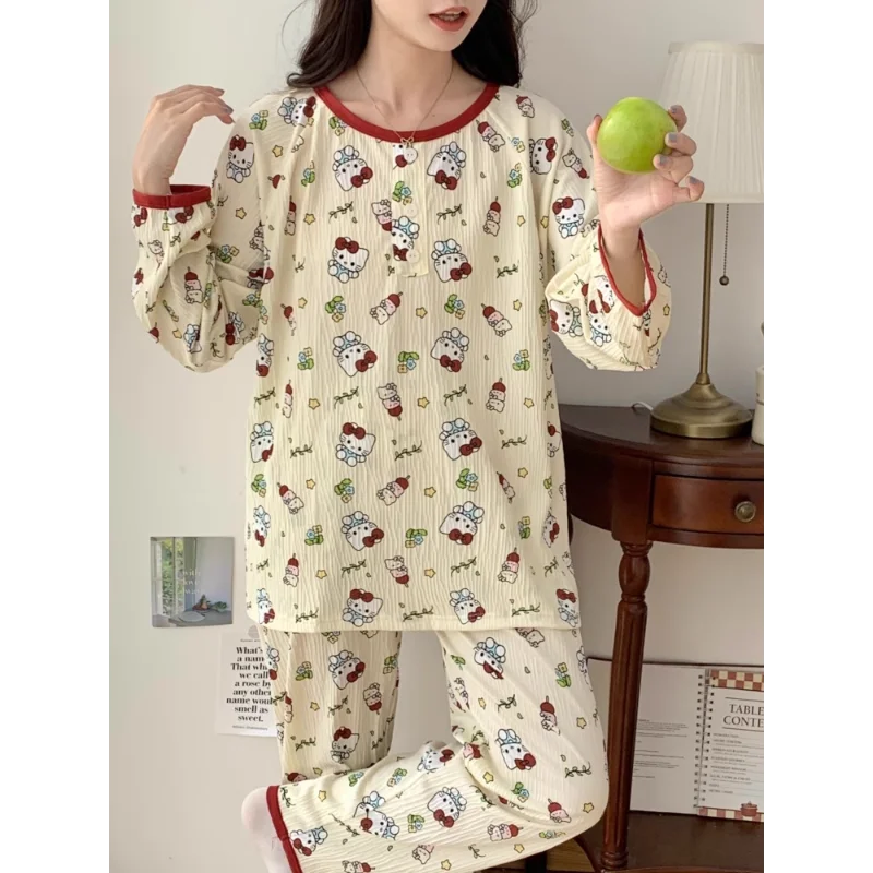 Sanrio Cartoon Pyjama Homewear Casual Losse Ademende Zijden Pyjama Dames Hello Kitty Broek Met Lange Mouwen Dames Pyjama