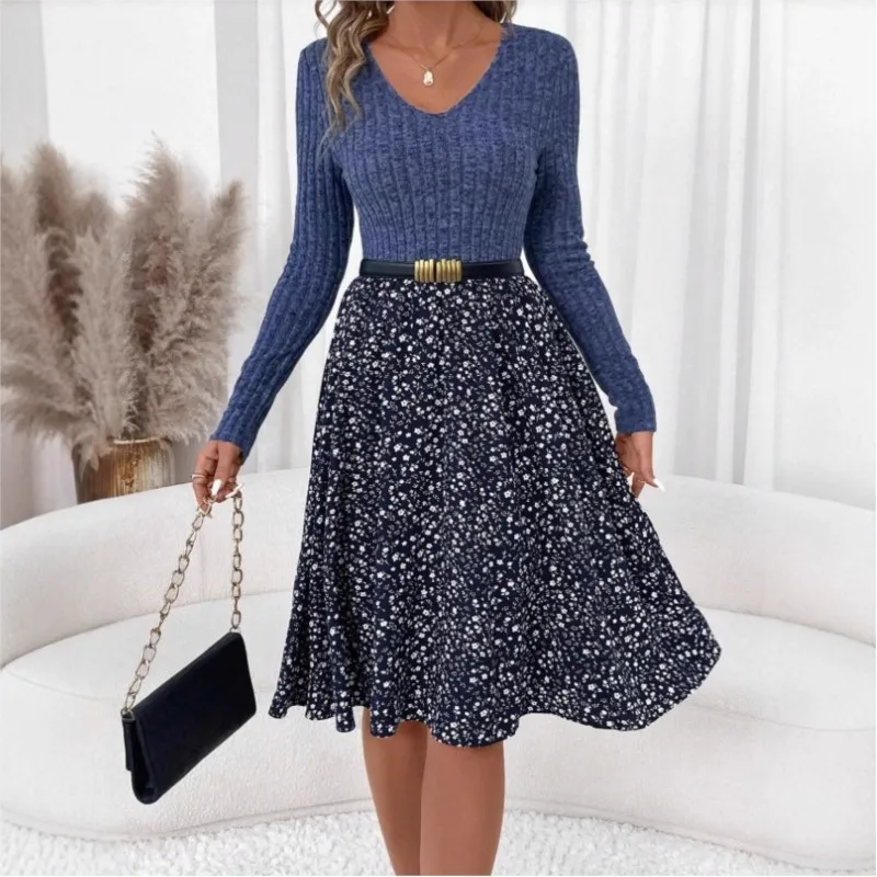 2025 가을 겨울 여성용 플로럴 V넥 스플라이싱 보헤미안 드레스 우아한 긴팔 바디콘 탑 드레스 여성 패션 베스티도스