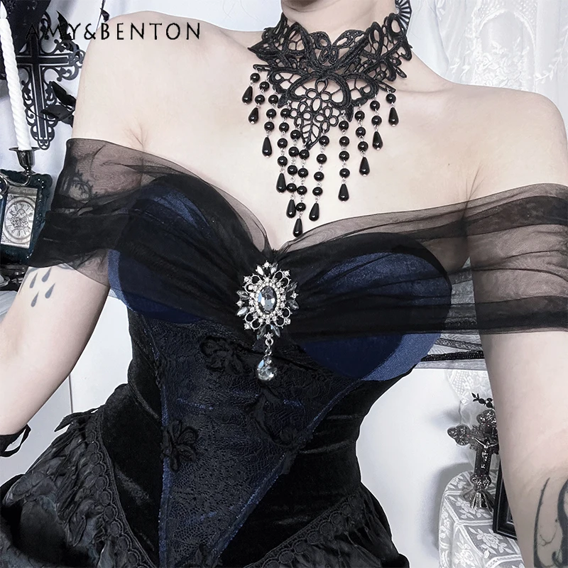 

Изящные элегантные комплекты платьев в придворном стиле, субкультура, сексуальный сетчатый топ с открытыми плечами и стразами, юбка нестандартной формы с высокой талией на Хэллоуин