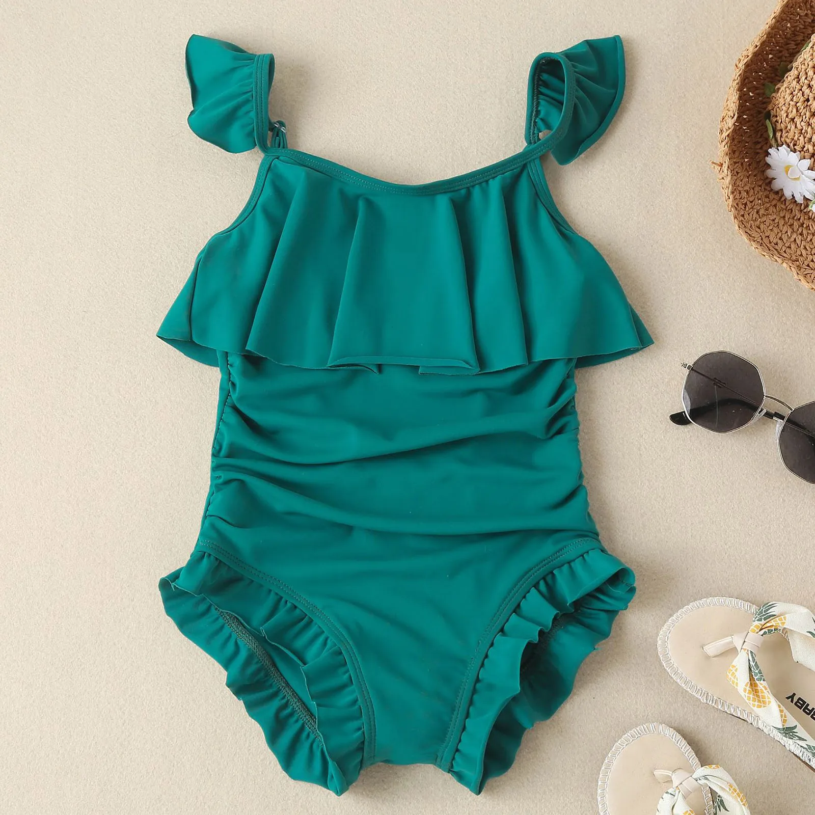 

Solid Swimsuit Kids Girls One Piece Sleeveless Bikini Girls Green Bodysuit Ruffles Bathing Suit Swimwear Monokini Beachwear New