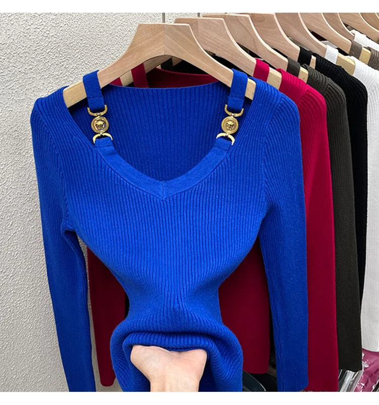 Spring and Autumn Chic Unique Low V Neck Off-the-shoulder Top Design Sense Sweater Knitted Base Shirt Women