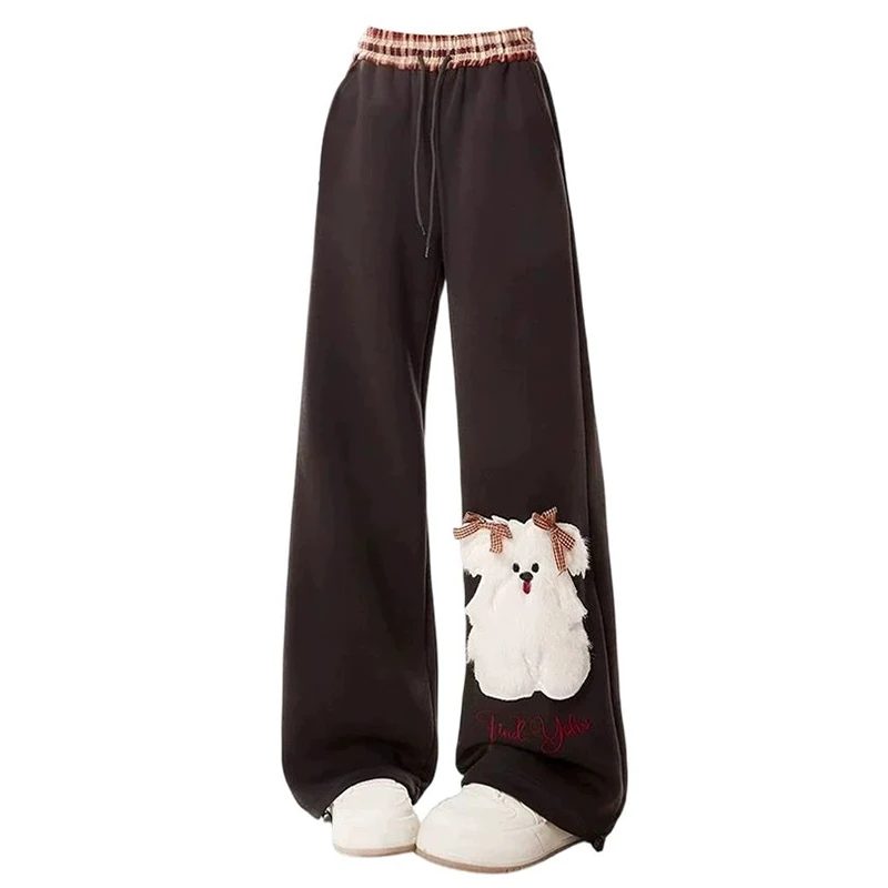 

Cute puppy sweatpants autumn women's black wide leg loose BF lazy style relaxed feeling sport flare pants