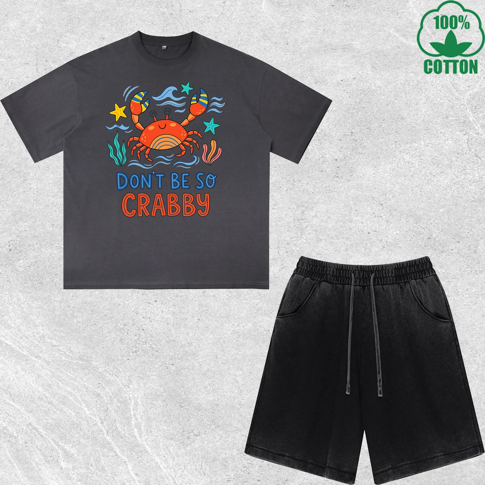

Summer Don Be So Crabby Printed Dirty Wash T-Shirt Shorts Set Combo Loose Trendy Fashionable 100%Cotton Short Value Pack