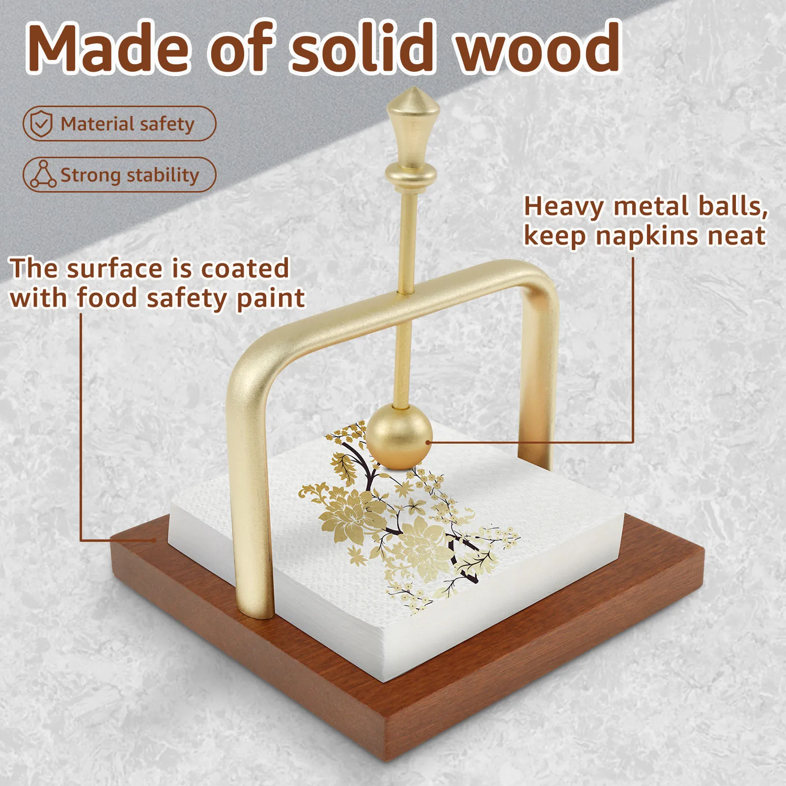 Napkin Holder Wood Table Napkin Holder with Weighted Metal Arm Modern Cocktail Napkin Holder for Home Kitchen Office Restaurant